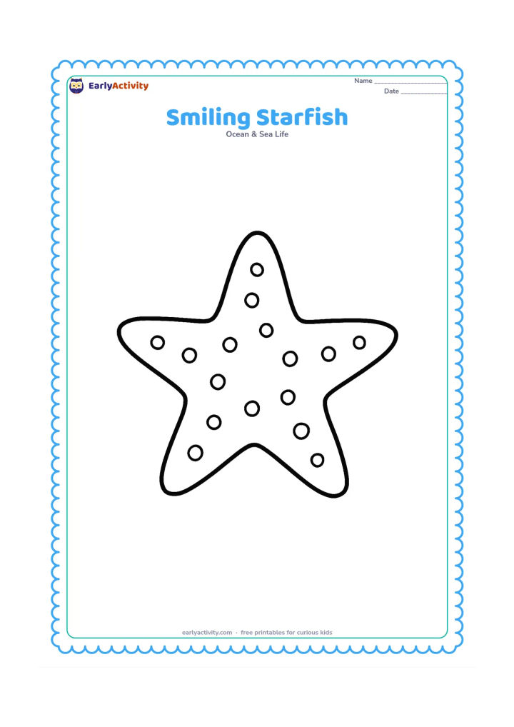Colouring page: Draw one large five-armed starfish centered on the page, with a friendly face-free natural surface and plenty of open space around it.