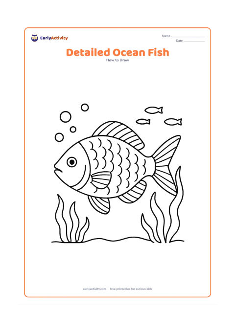 Worksheet: Show a side-view ocean fish with a carefully proportioned rounded body, forked tail, layered fins, gill cover, rows of scales, and subtle curved shading lines. Surround it with seaweed,…