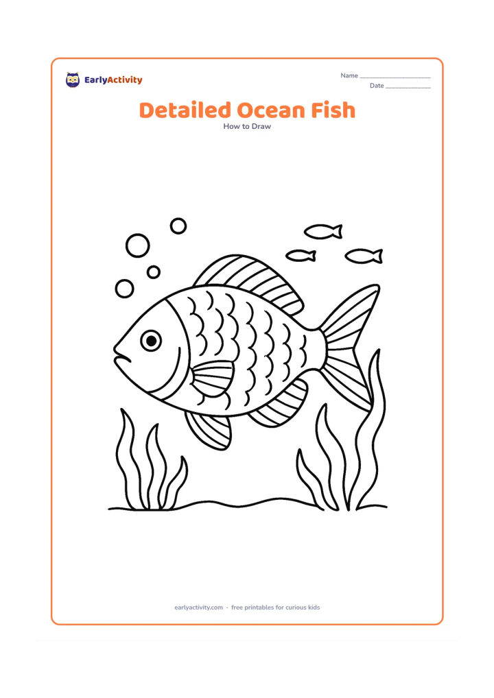 Worksheet: Show a side-view ocean fish with a carefully proportioned rounded body, forked tail, layered fins, gill cover, rows of scales, and subtle curved shading lines. Surround it with seaweed,…