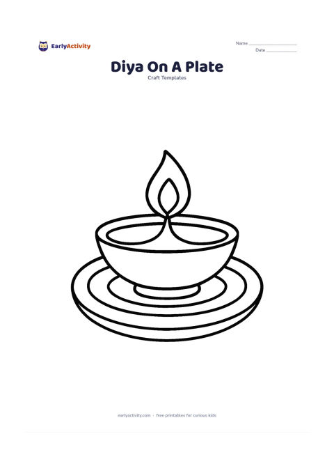 Worksheet: One large diya rests on a simple round decorative plate, with a single flame and a few broad curved bands on the plate.