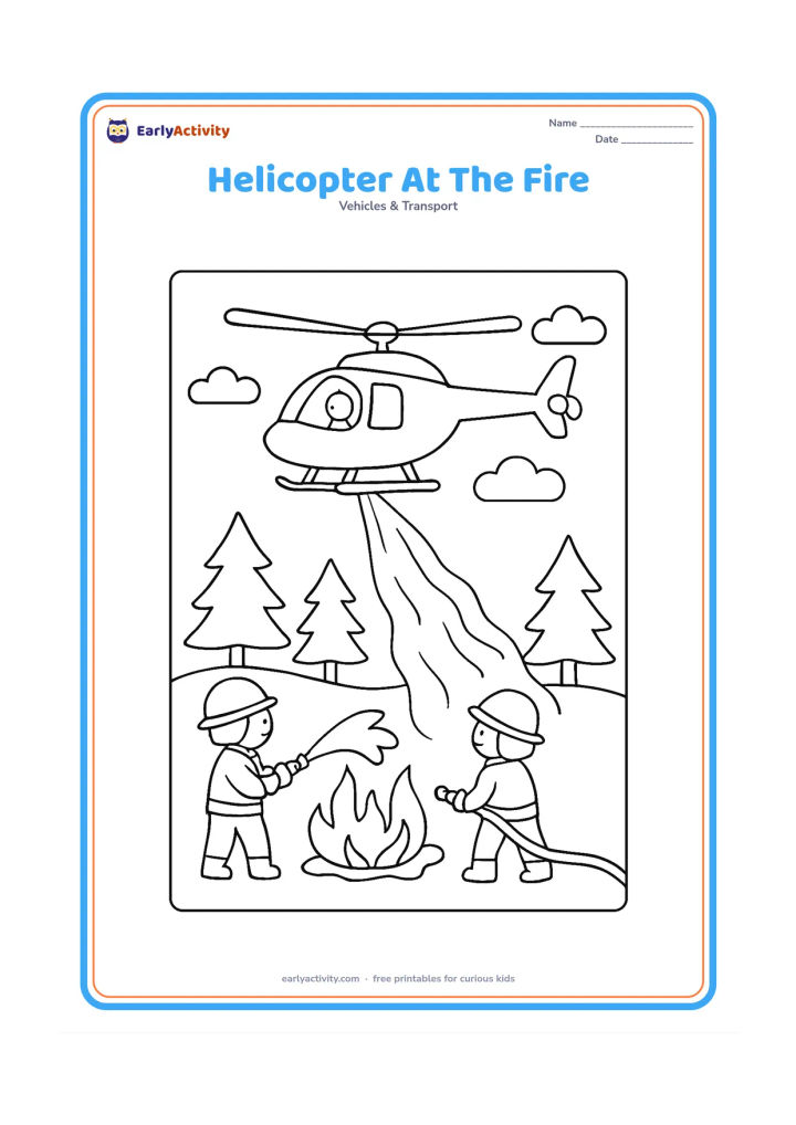 Colouring page: Draw a firefighting helicopter releasing a controlled stream of water onto a small, contained forest fire while firefighters work safely on the ground. Include trees, smoke-free clouds…