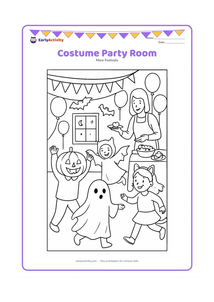 Colouring page: Draw a busy indoor party room with children wearing pumpkin, bat, ghost, and cat costumes, playing near a table of treats. Add hanging garlands, balloons, paper bats, a window showing…