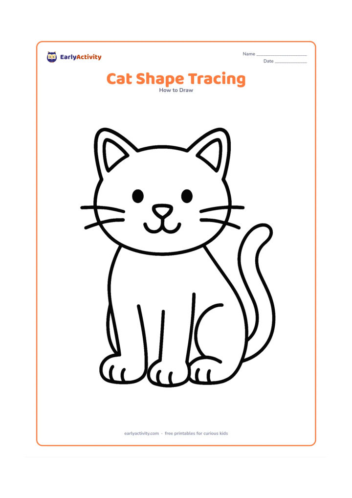 Worksheet: Show a large friendly cat made from clearly separated head, body, ear, paw, and tail shapes, arranged as one complete standing cat. Include a few light-looking inner shape boundaries but…
