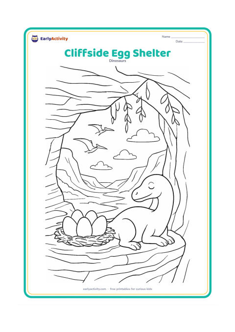 Colouring page: A nest of elongated eggs rests on a safe ledge inside a rocky cliff shelter. Add a broad valley, flying pterosaurs, hanging vines, and a parent dinosaur resting near the entrance.