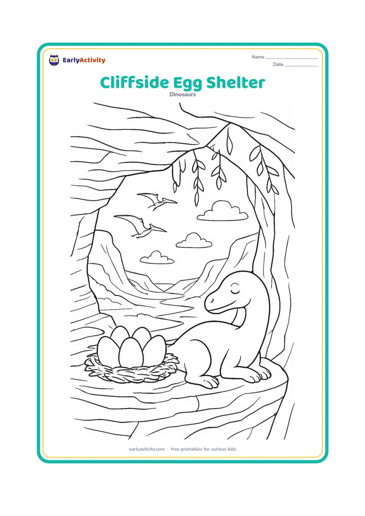 Colouring page: A nest of elongated eggs rests on a safe ledge inside a rocky cliff shelter. Add a broad valley, flying pterosaurs, hanging vines, and a parent dinosaur resting near the entrance.