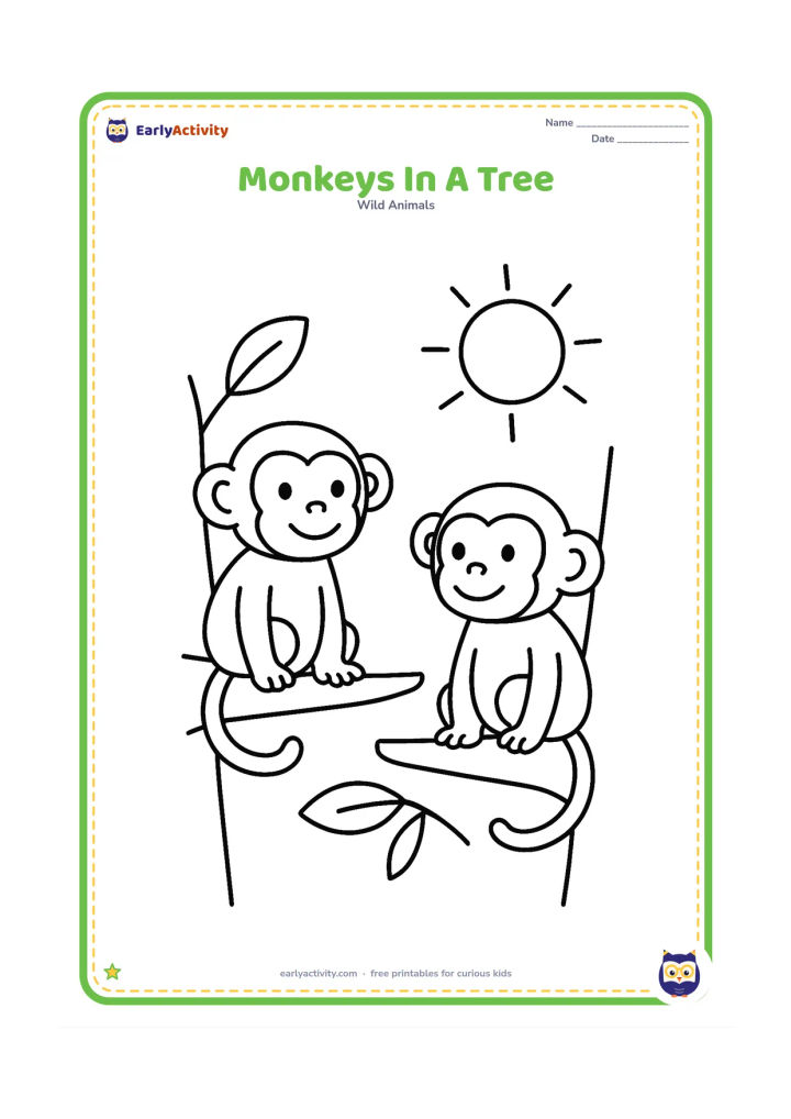 Colouring page: Draw two friendly monkeys sitting on separate thick branches of one simple tree, with one monkey looking at the other. Add a large sun and three leaves.