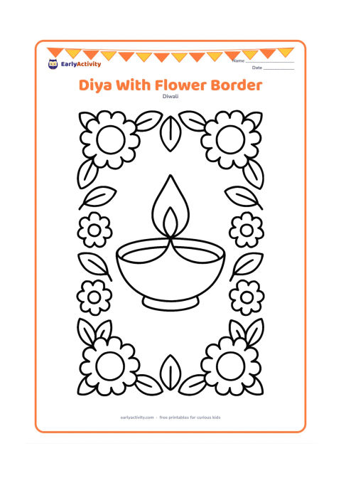 Colouring page: Draw one central diya with a bright flame surrounded by a wide, repeating border of large marigold flowers and leaves. Leave open space inside each flower and around the lamp.