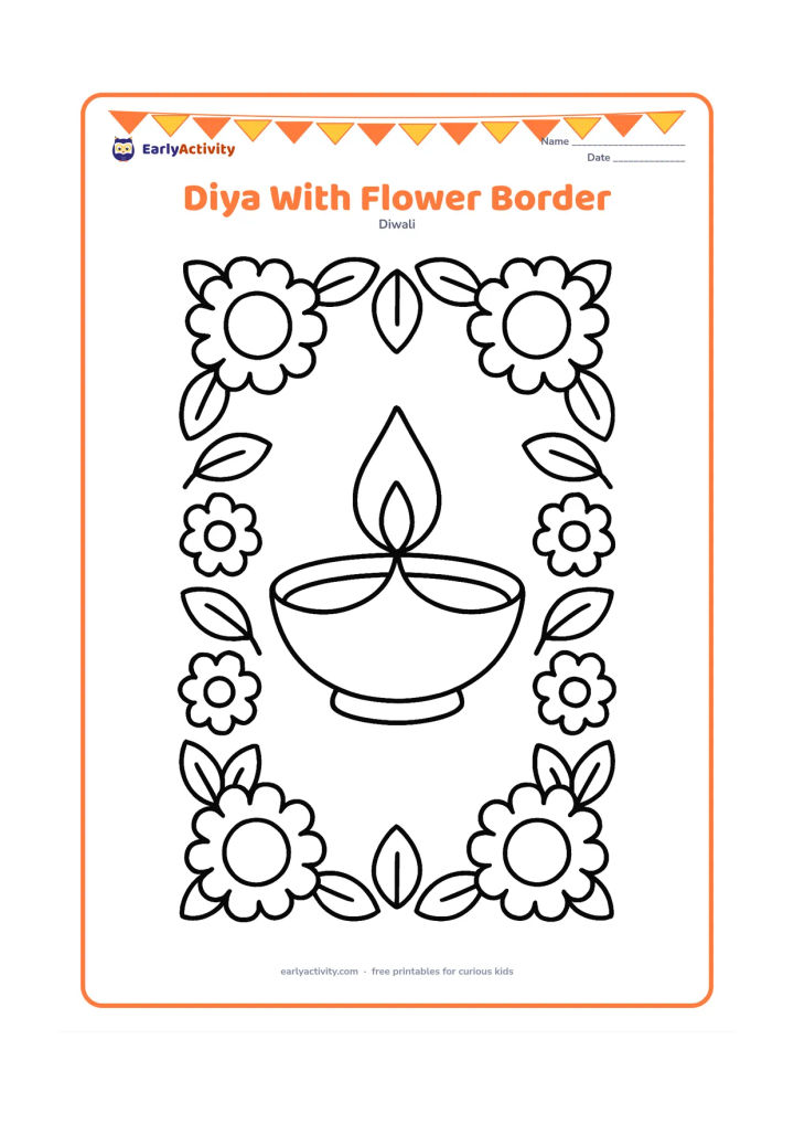 Colouring page: Draw one central diya with a bright flame surrounded by a wide, repeating border of large marigold flowers and leaves. Leave open space inside each flower and around the lamp.