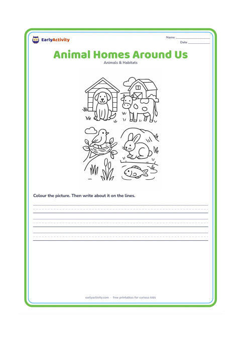 Worksheet: Create a detailed habitat comparison with a dog at a home kennel, a cow in a cowshed, a bird in a nest, a rabbit at a burrow and a fish among pond plants. Separate each home clearly with…
