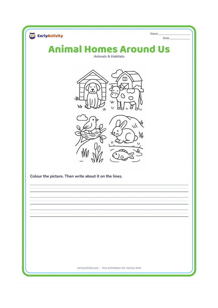 Worksheet: Create a detailed habitat comparison with a dog at a home kennel, a cow in a cowshed, a bird in a nest, a rabbit at a burrow and a fish among pond plants. Separate each home clearly with…