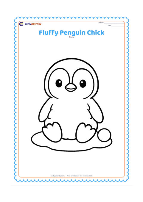 Colouring page: Draw a cute penguin chick sitting upright with a round body, fluffy scalloped feather edges, tiny beak, and oversized feet. Place it on a simple snowy patch with one small snowball.