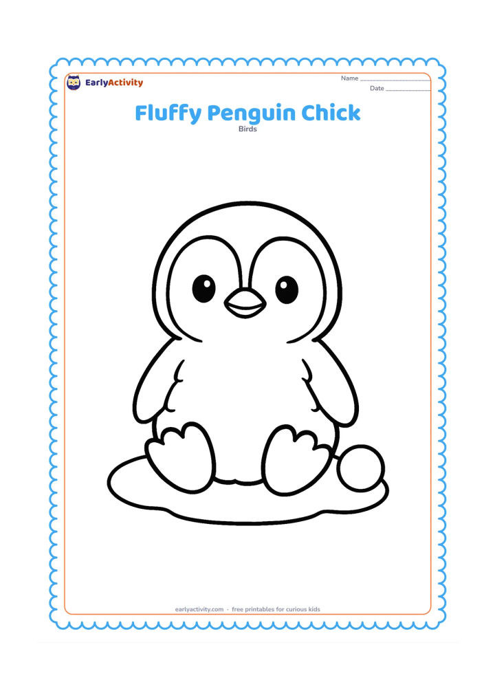 Colouring page: Draw a cute penguin chick sitting upright with a round body, fluffy scalloped feather edges, tiny beak, and oversized feet. Place it on a simple snowy patch with one small snowball.