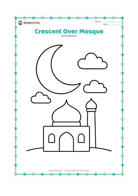 Colouring page: A broad crescent moon above a small mosque with one dome and one minaret, resting on a simple ground line with two clouds.