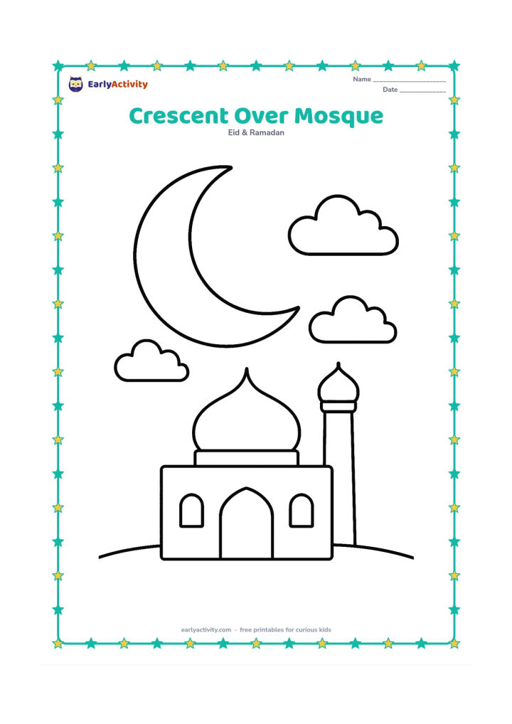 Colouring page: A broad crescent moon above a small mosque with one dome and one minaret, resting on a simple ground line with two clouds.