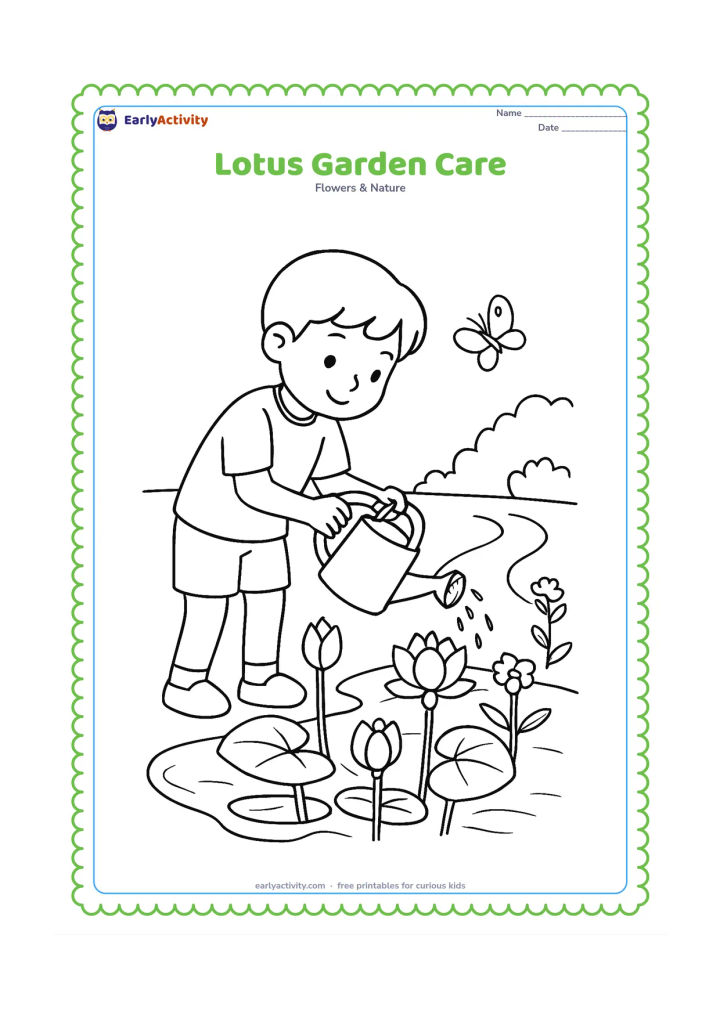 Colouring page: Draw a child gently watering lotus plants beside a school or home pond, with a watering can, garden path, several flowers at different stages, broad leaves and a butterfly. Do not…