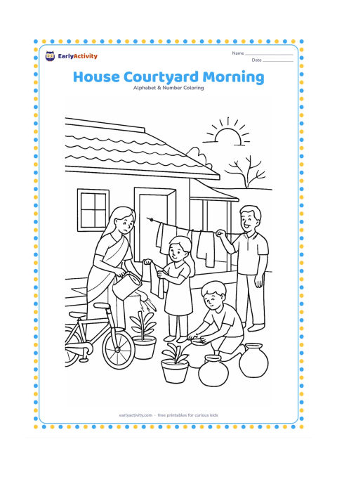 Colouring page: A traditional Indian house opens onto a courtyard where a family waters plants and hangs plain clothes on a line, with a bicycle, clay pots, and a rising sun in the background. Show no…