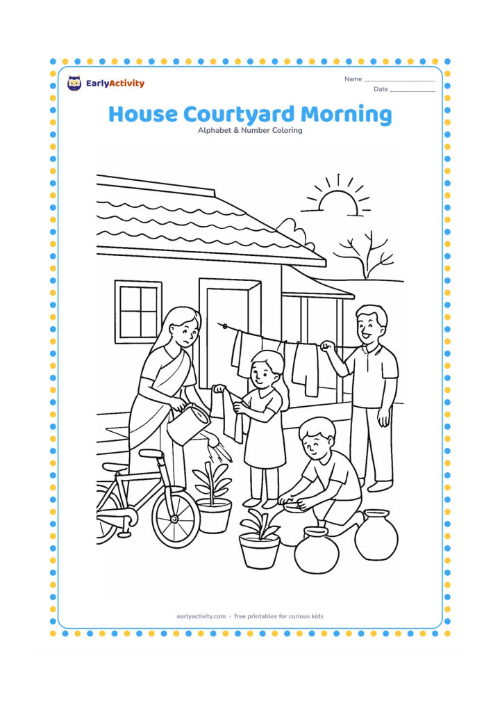 Colouring page: A traditional Indian house opens onto a courtyard where a family waters plants and hangs plain clothes on a line, with a bicycle, clay pots, and a rising sun in the background. Show no…