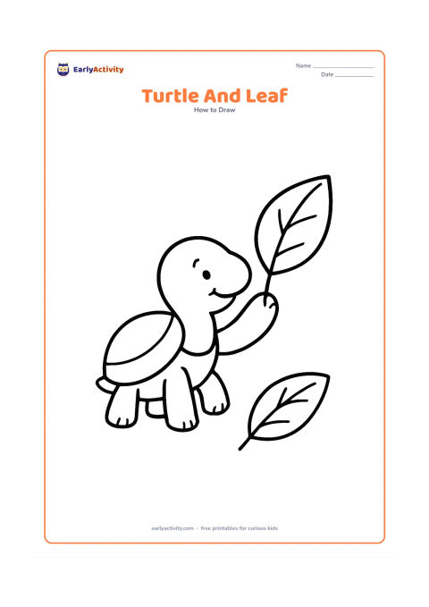 Worksheet: Draw a cheerful turtle reaching its head toward a large leaf held just in front of its face. Include a broad oval shell, four simple legs and two oversized leaves on the ground.