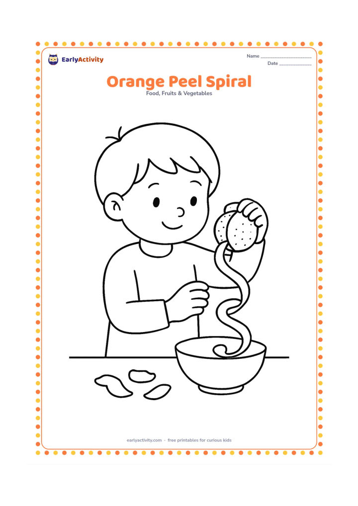 Colouring page: Draw a child holding a peeled orange while a long peel curls in a spiral into a bowl. Place a few small peel pieces on the table.