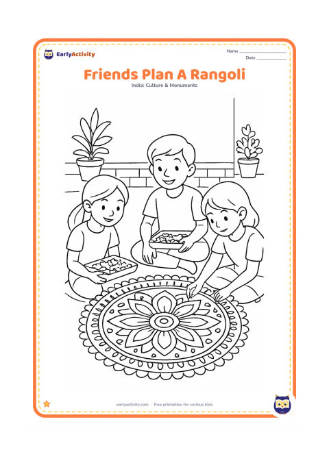 Colouring page: Show three school-age friends sitting around a large rangoli, comparing separate trays of flowers and powder while one child adds a mirrored border. Include a courtyard wall, potted…