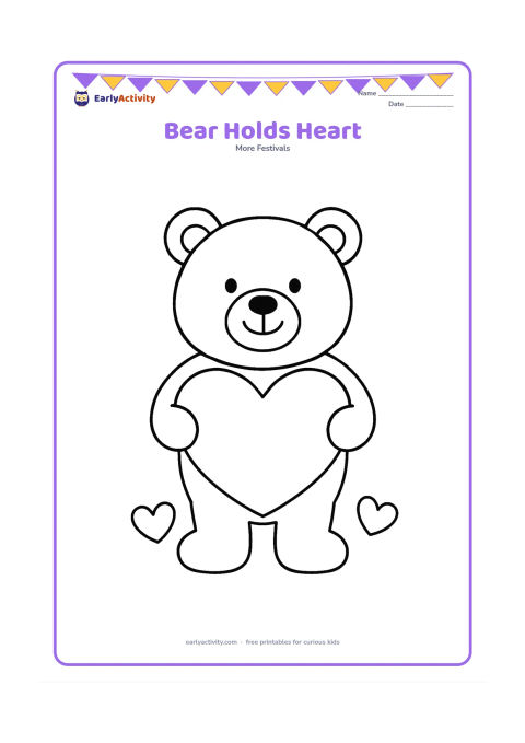 Colouring page: A happy teddy bear stands upright and holds one large heart in front of its belly, with two small hearts near its feet.