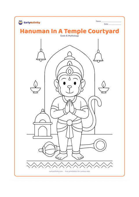 Colouring page: Hanuman stands with folded hands in a quiet Indian temple courtyard, with his gada beside him and a small shrine arch behind him. Add hanging bells without any markings, two lamps, and a…