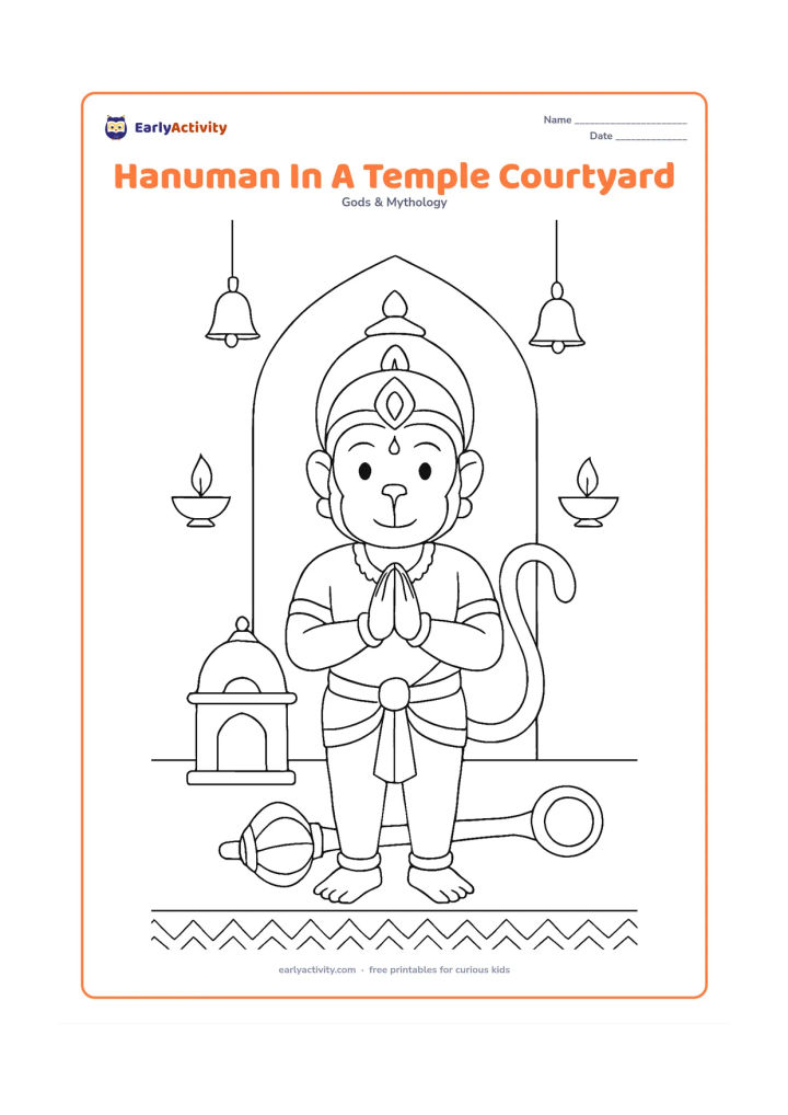 Colouring page: Hanuman stands with folded hands in a quiet Indian temple courtyard, with his gada beside him and a small shrine arch behind him. Add hanging bells without any markings, two lamps, and a…
