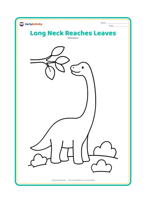 Colouring page: Draw a friendly Brachiosaurus stretching its long neck up to eat leaves from a low tree branch. Add a few rounded bushes along the ground.
