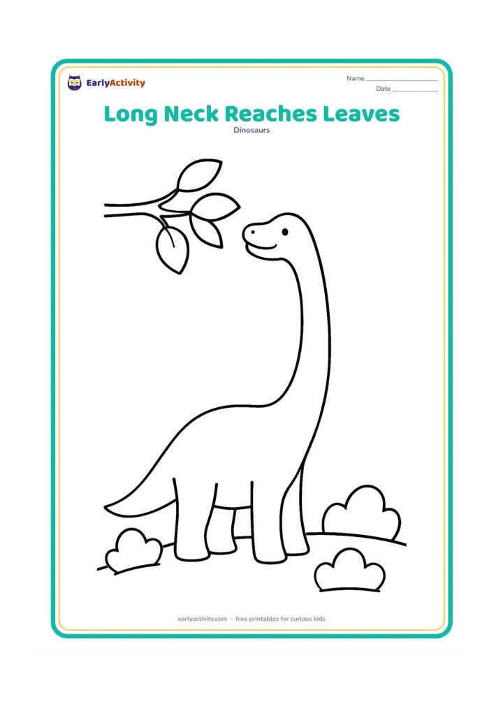 Colouring page: Draw a friendly Brachiosaurus stretching its long neck up to eat leaves from a low tree branch. Add a few rounded bushes along the ground.