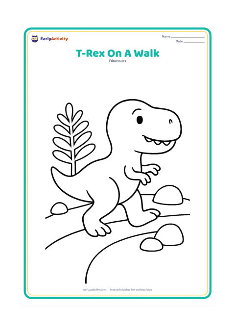 Colouring page: A friendly T-Rex takes one big step along a simple path, with its tail stretched behind and small arms held forward. Include two rounded rocks and one large fern.