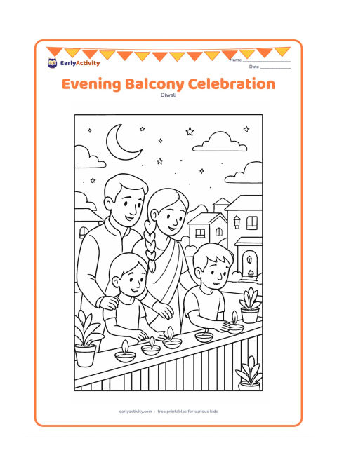 Colouring page: Draw a family on an apartment balcony at night, placing diyas along the railing while looking over neighbouring homes with lanterns and lit entrances. Include potted plants, a crescent…
