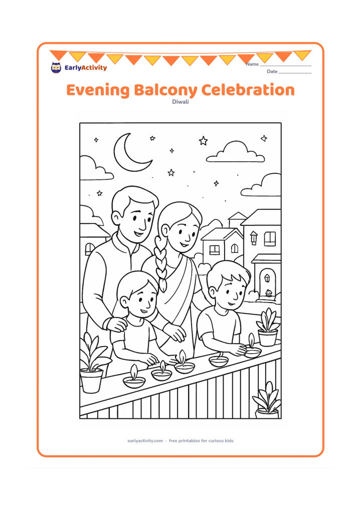 Colouring page: Draw a family on an apartment balcony at night, placing diyas along the railing while looking over neighbouring homes with lanterns and lit entrances. Include potted plants, a crescent…