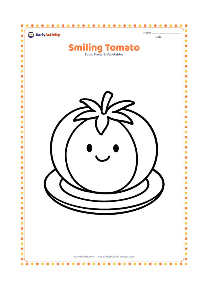 Colouring page: Draw one round tomato with a leafy stem and a friendly face suggested only by simple vegetable features, sitting on a plain plate. Keep the composition centered and uncluttered.