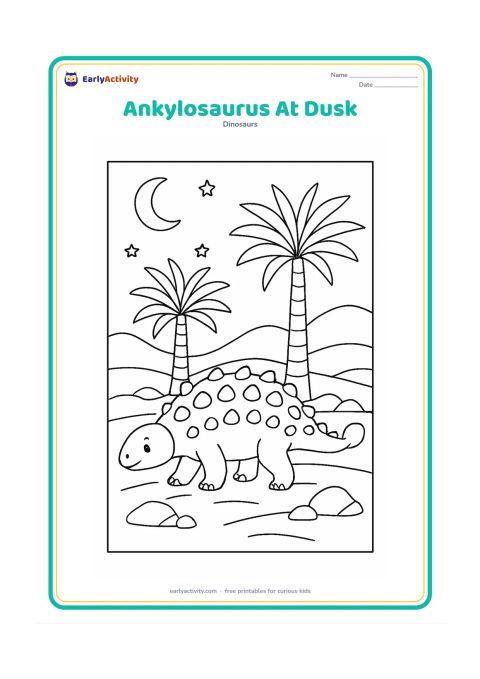 Colouring page: An Ankylosaurus walks past tall cycads at dusk beneath a crescent moon, several stars and layered hills. Include a few large rocks and long ground shadows.