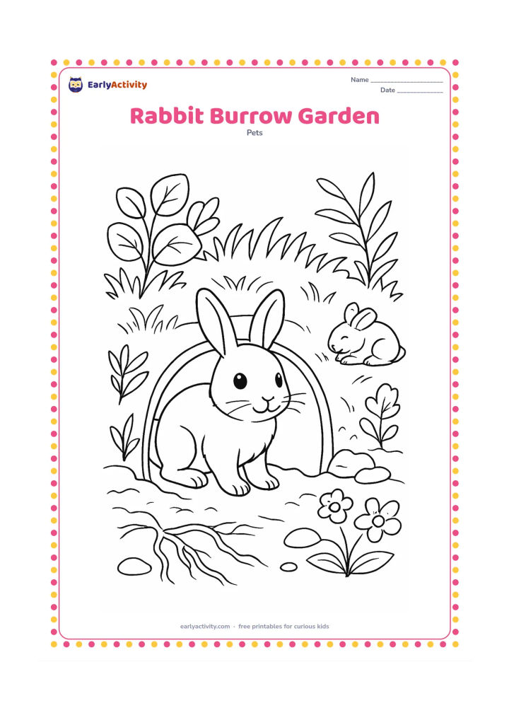Colouring page: A rabbit emerges from a rounded burrow entrance beneath a grassy bank, with leafy plants, roots, flowers and stones around it. Show another rabbit resting near the entrance in the…