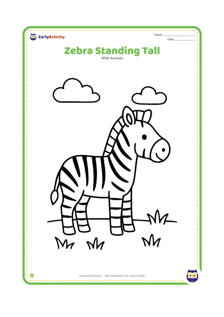 Colouring page: Draw one friendly zebra standing in profile with four clear legs, a large head, upright ears and a short mane. Place only a few tufts of grass and two simple clouds around it.