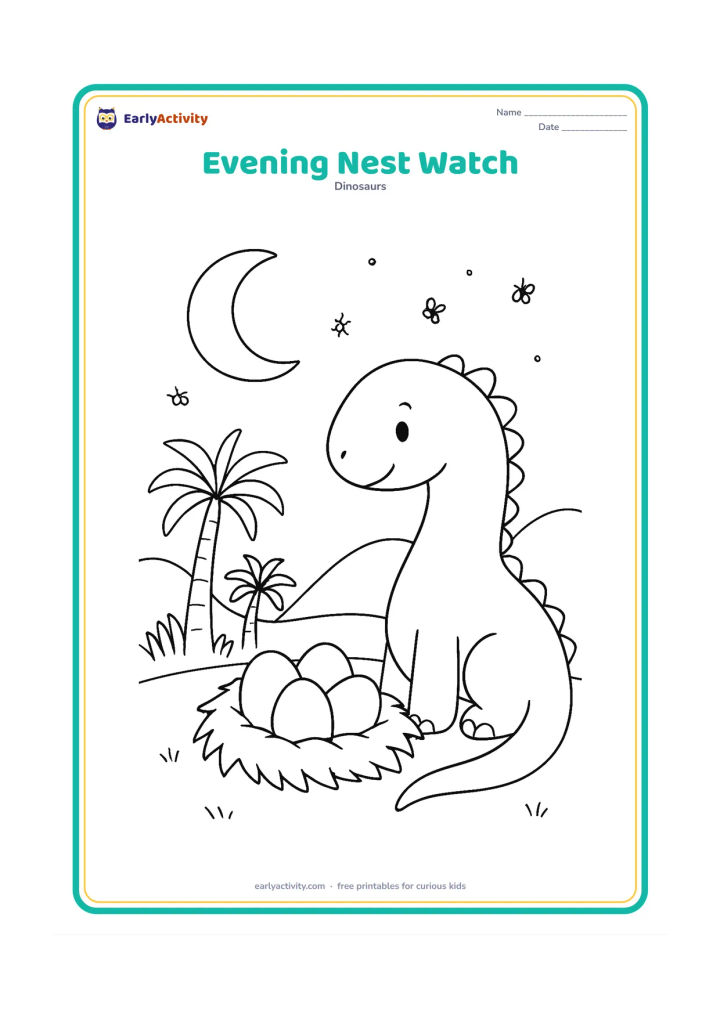 Colouring page: A calm dinosaur parent watches over a nest of three eggs at dusk. Include a large crescent moon, rounded hills, tall cycads, and a few simple fireflies in the open sky.