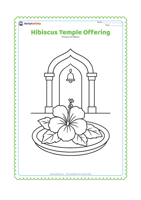 Colouring page: Draw a single hibiscus flower and a few leaves arranged on a plain offering plate near a simple temple doorway with an arched shape and small bell forms. Do not include religious writing…