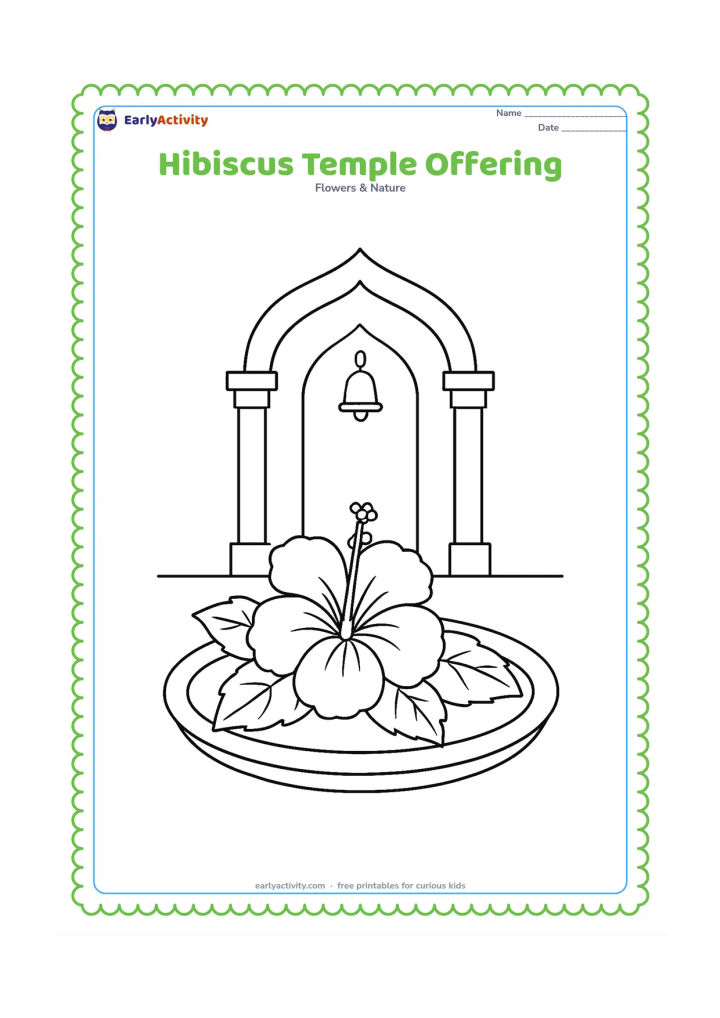 Colouring page: Draw a single hibiscus flower and a few leaves arranged on a plain offering plate near a simple temple doorway with an arched shape and small bell forms. Do not include religious writing…