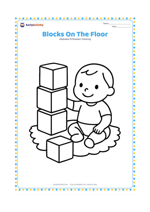 Colouring page: Draw three large toy building blocks stacked beside a seated child, with one block lying on the floor. Keep every block face blank and add a simple rug underneath.