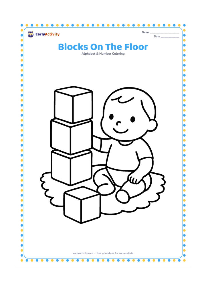 Colouring page: Draw three large toy building blocks stacked beside a seated child, with one block lying on the floor. Keep every block face blank and add a simple rug underneath.