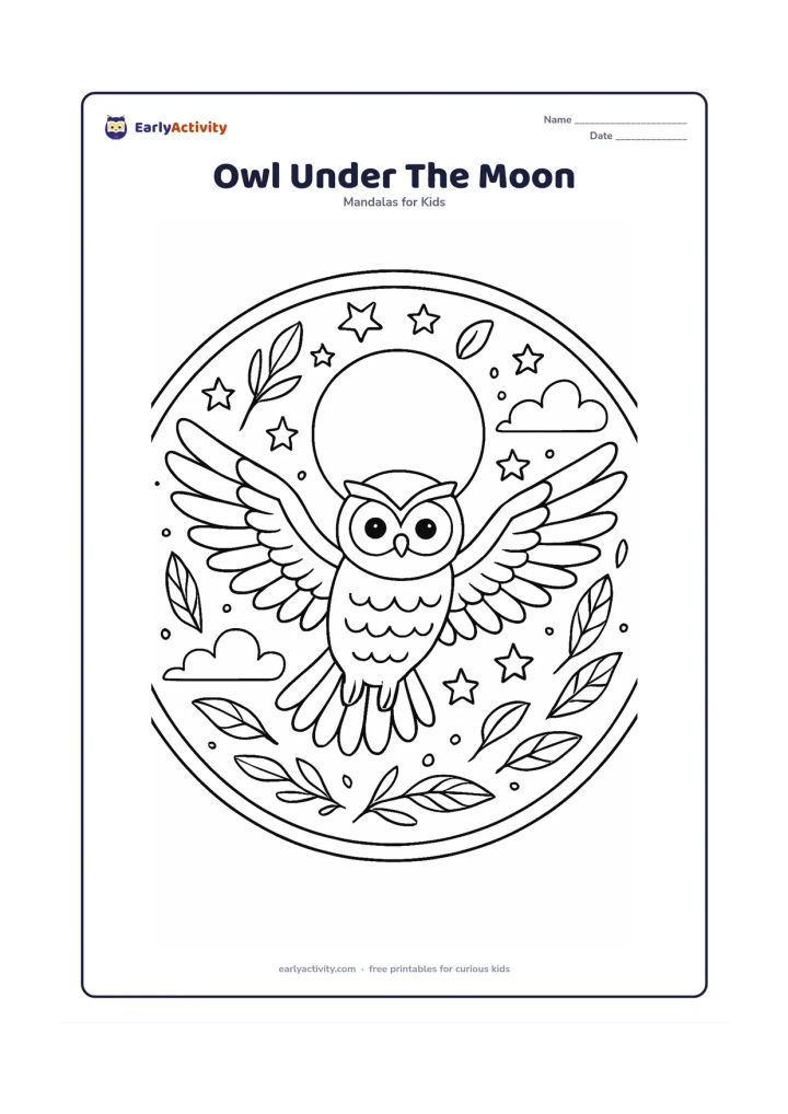 Colouring page: An owl flies with wings spread across the centre of a circular night mandala, with a large moon behind it. Surround the owl with repeated stars, cloud curves, feathers and leafy branch…