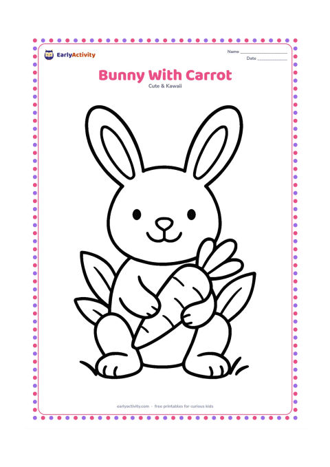 Colouring page: A smiling rabbit sits upright holding one large carrot between its front paws. Place two broad leaves and a simple patch of grass behind it.