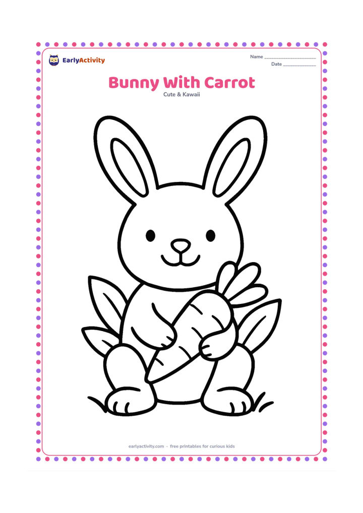 Colouring page: A smiling rabbit sits upright holding one large carrot between its front paws. Place two broad leaves and a simple patch of grass behind it.