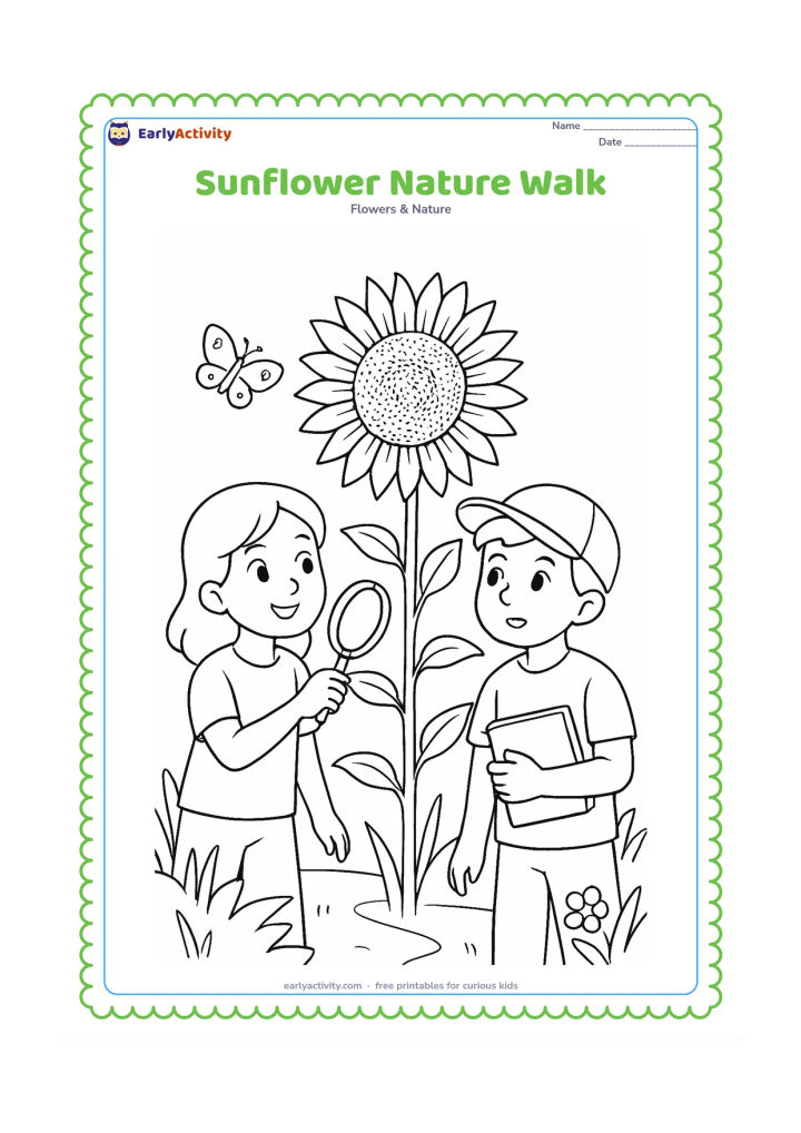 Colouring page: Two children examine a tall sunflower beside a nature path, with a magnifying glass, a notebook shown closed with no marks, a butterfly, grasses, and another flower in the background.…