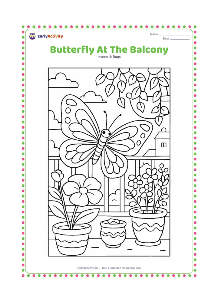Colouring page: Draw a butterfly visiting potted plants on an Indian balcony, with a railing, several patterned clay pots, trailing vines, and a distant rooftop view. Place the butterfly on a flower in…