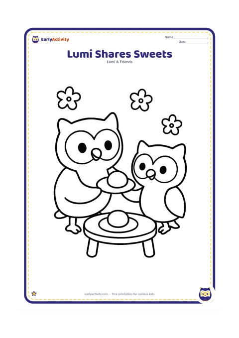 Colouring page: Lumi offers a friend owl one large round sweet from a simple plate during a family festival gathering. Include two large sweets, a small table and a few flower shapes in the background.