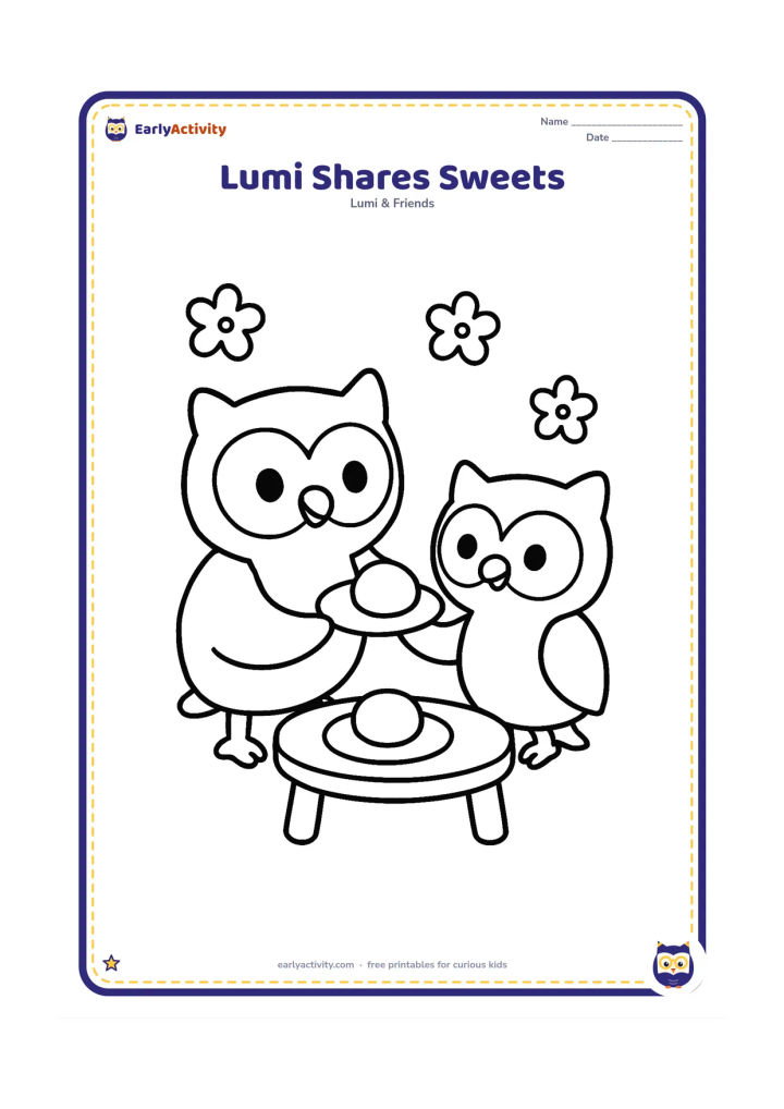 Colouring page: Lumi offers a friend owl one large round sweet from a simple plate during a family festival gathering. Include two large sweets, a small table and a few flower shapes in the background.