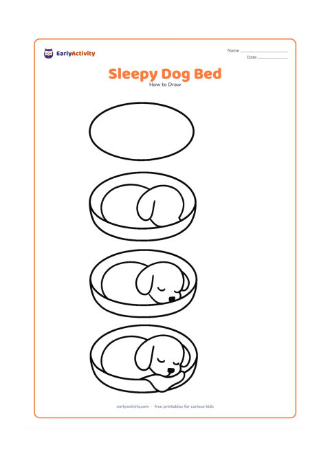 Worksheet: Show blank, unlabeled stages for a curled-up puppy resting in a large oval bed, starting with simple ovals and ending with floppy ears, closed eyes and a small blanket. Use no extra room…
