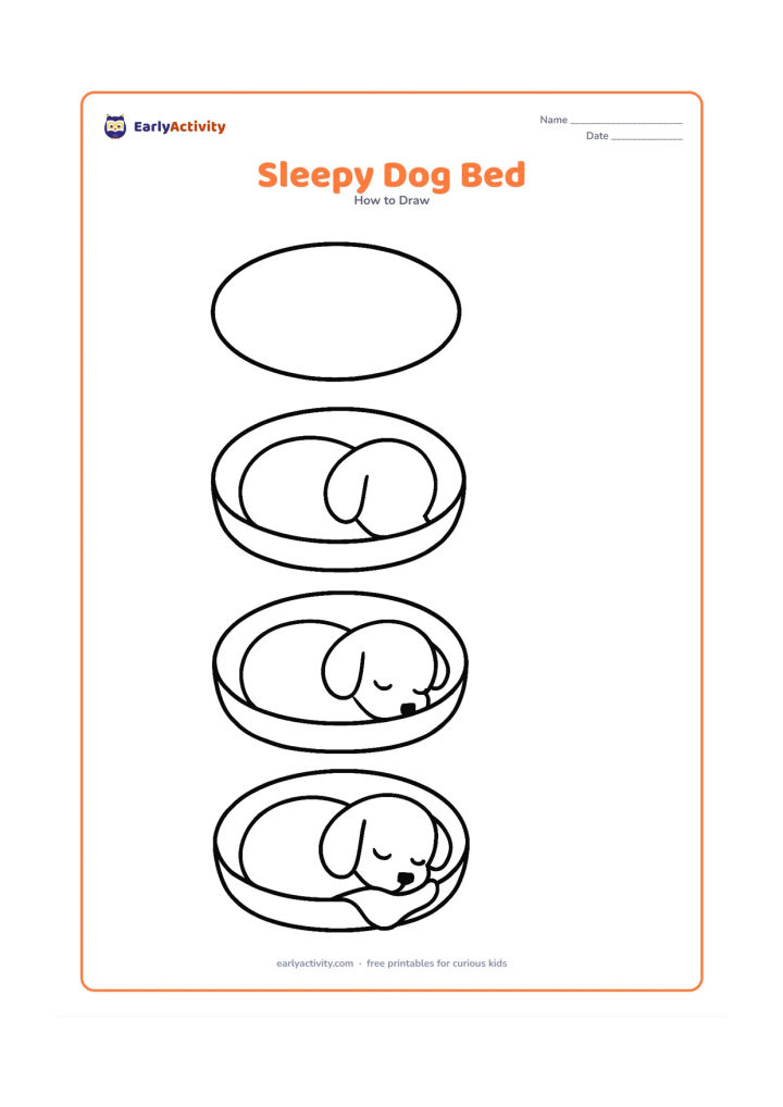 Worksheet: Show blank, unlabeled stages for a curled-up puppy resting in a large oval bed, starting with simple ovals and ending with floppy ears, closed eyes and a small blanket. Use no extra room…